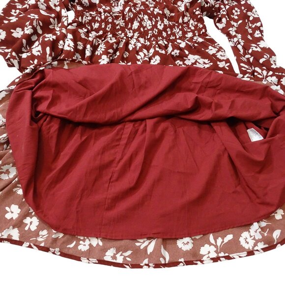 Dokotoo Women Red Floral Dress Size M Long Sleeve Low V-Neck Smocked Waist - Picture 6 of 13